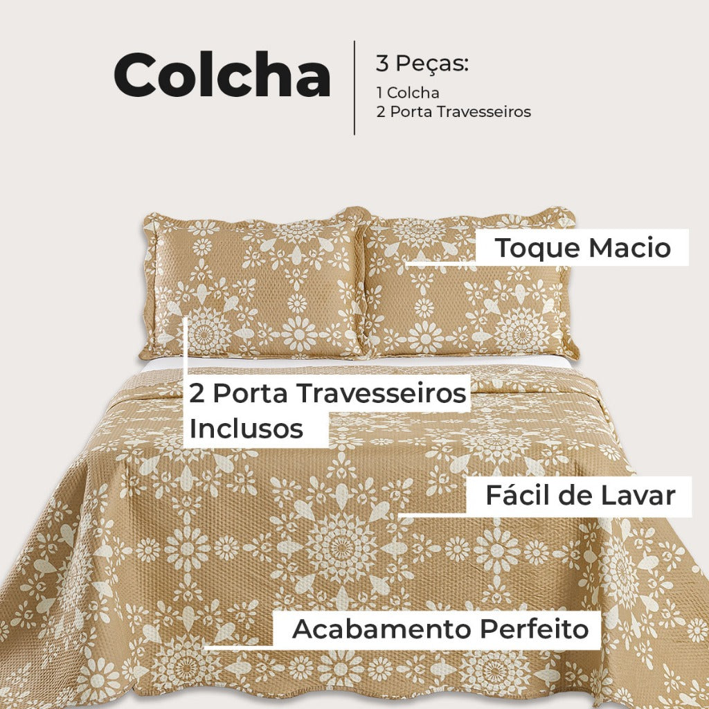 Kit Cobre Leito Colcha Casal Bouti 3 Peças Dupla Face Estampada Porta Travesseiro Aba Americana